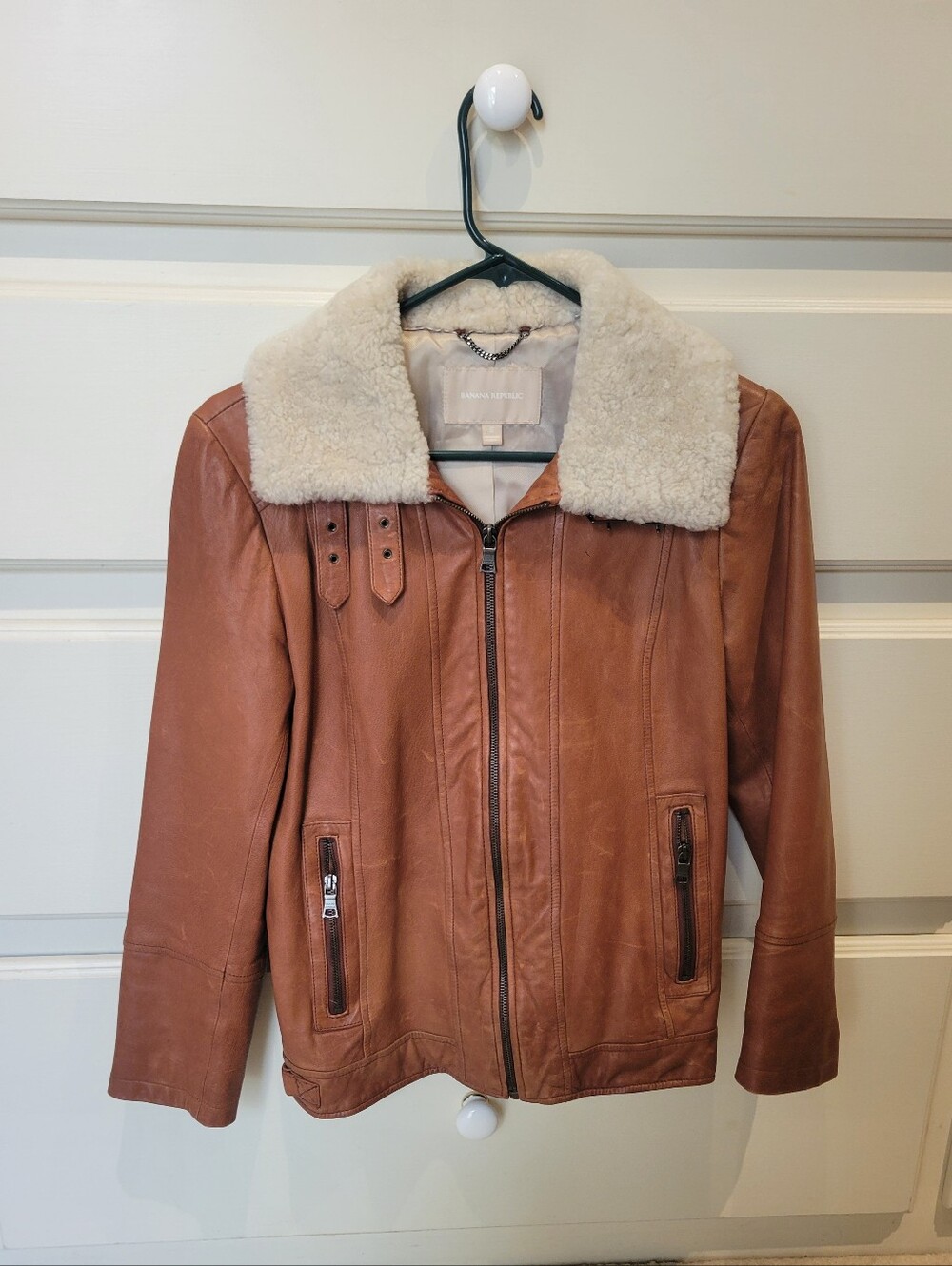Banana Republic Cognac Authentic Leather Jacket with Cream Shearling Collar